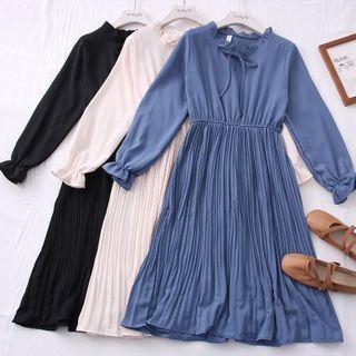 Ruffled-neckline Pleated Midi Dress In 6 Colors