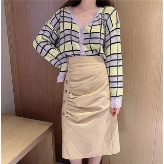 Plaid Cardigan / Midi Sheath Skirt