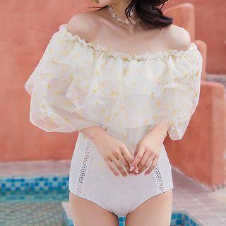 Star Print Layered Mesh Panel Swimsuit