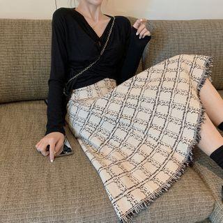 Fringed Plaid Midi A-line Skirt