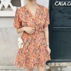 Short-sleeve V-neck Floral Printed Mini Dress As Shown In Figure - One Size