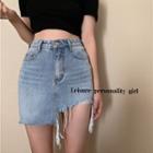 Distressed Washed Fitted Mini Denim Skirt
