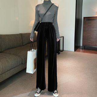 Drawstring Waist Velvet Wide-leg Pants Black - One Size