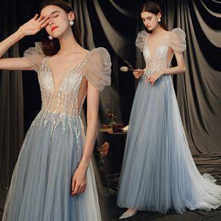 Bubble Sleeve Deep-v Sequined Mesh Panel Evening Gown