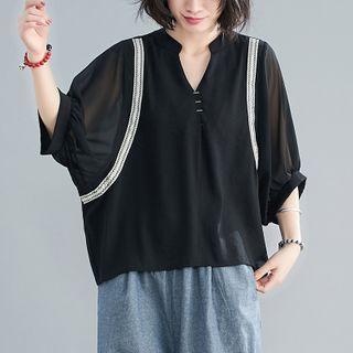 Batwing-sleeve Embroidered Trim Blouse