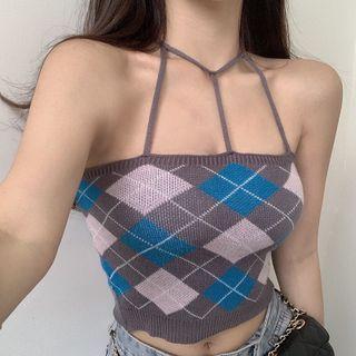 Halter Neck Argyle Knit Top Gray - One Size