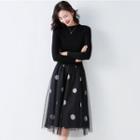 Long-sleeve Dotted Mesh Overlay Knit Midi A-line Dress