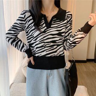 Zebra Print Polo-neck Knit Top Black - One Size