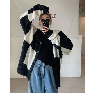 Two-tone Loose-fit Cardigan Black & White - One Size