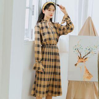 Plaid Long Sleeve Tie-neck Dress