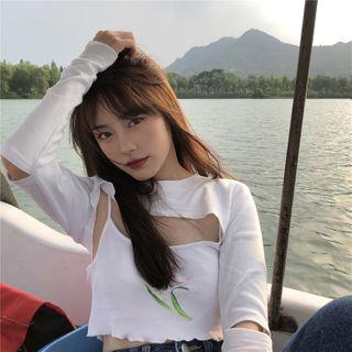 Set: Long-sleeve Cropped T-shirt + Spaghetti Strap Top Set Of 2 - Long-sleeve T-shirt & Spaghetti Strap Top - One Size