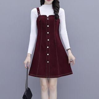Set: Plain Long-sleeve Knit Top + Contrast Stitching Jumper Dress