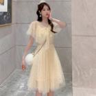 Short-sleeve Bow Accent Sequined Mesh A-line Long Dress