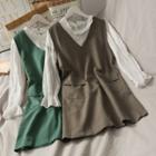 Set: Ruffled-trim Plain Blouse + V-neck Sleeveless Dress