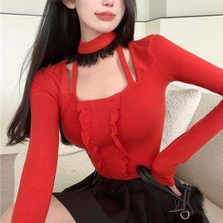 Long-sleeve Plain Slim-fit Halter Cropped Top