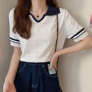 Short-sleeve Two-tone Pointelle Knit Top