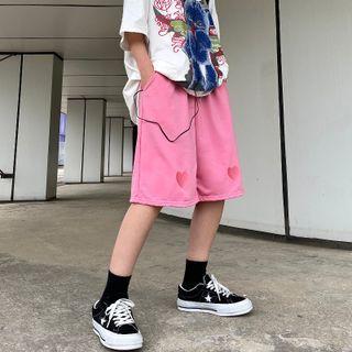 Drawstring Waist Heart Embroidered Straight Leg Shorts