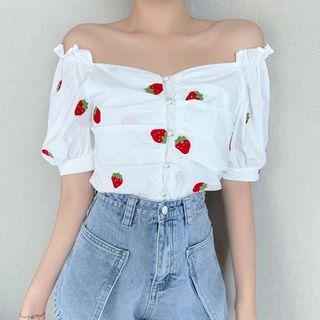 Embroidered Puff-sleeve Off-shoulder Top As Shown In Figure - One Size