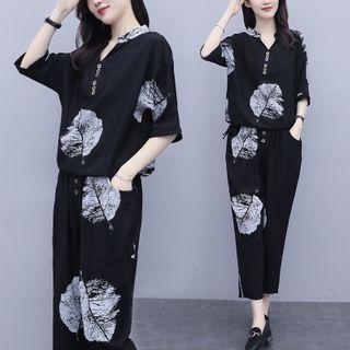 Set: 3/4-sleeve Printed Top + Harem Pants