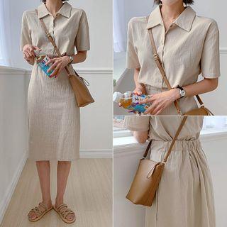 Set: Short-sleeve Shirt + Pocket-side Midi Skirt