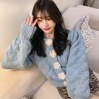 Two-tone Buttoned Cropped Knit Cardigan Blue - One Size