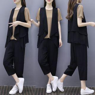 Set: Short-sleeve T-shirt + Cropped Straight-leg Pants + Open-front Vest