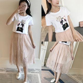 Set: Printed T-shirt + Lace Long Skirt