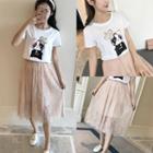 Set: Printed T-shirt + Lace Long Skirt