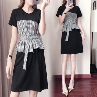Gingham Panel Short-sleeve Mock Two-piece Dress
