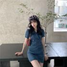 V-neck Short-sleeve Mini Denim Sheath Dress