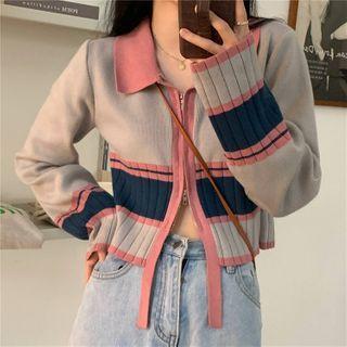 Color Block Zip Cardigan Gray & Dark Blue & Pink - One Size