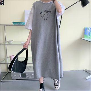 Mock Two-piece Elbow-sleeve Hand Print Midi Dress