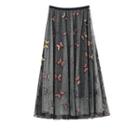Embroidered Mesh Midi A-line Skirt Black - 42.5 To 60kg