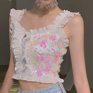 Spaghetti Strap Ruffle Sequin Top