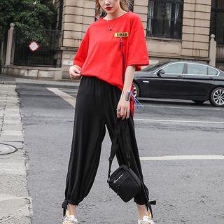 Set: Elbow-sleeve Letter T-shirt + Cropped Harem Pants