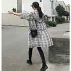 Loose-fit Hooded Long Plaid Blouse With Sash
