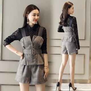 Set: Long-sleeve Lace Top + Vest + Shorts