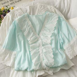 Lace Ruffle-trim V-neck Shirt