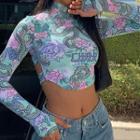 Mock-neck Floral Print Cutout Cropped T-shirt