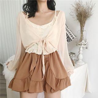 Ruffle Trim Camisole Top / Open-front Jacket / Ruffle Trim Shorts