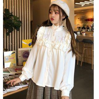 Stand Collar Frill-trim Shirt White - One Size