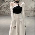 Long-sleeve Choker Cold-shoulder Midi A-line Dress