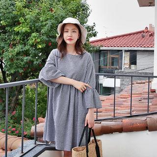 Long-sleeve Ruffle-trim Gingham A-line Dress