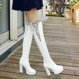 Lace Trim Chunky Heel Over-the-knee Boots
