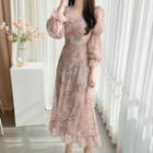 Cinch-sleeve Floral Chiffon Dress
