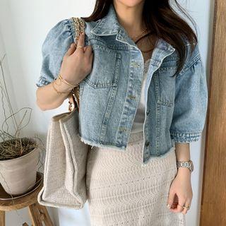 Puff-sleeve Crop Denim Jacket Blue - One Size