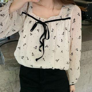 Square-neck Floral Blouse Beige - One Size