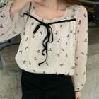 Square-neck Floral Blouse Beige - One Size