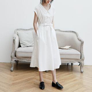 Cap-sleeve Tie-waist Midi A-line Dress