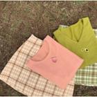 Elbow-sleeve Knit Top / Plaid Mini Pencil Skirt